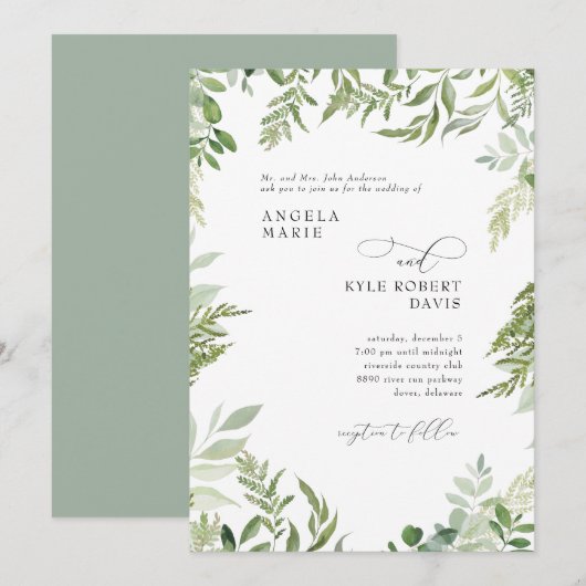 Moderne Waterverf Eucalyptus Parents Sage Wedding Kaart (Voorkant / Achterkant)