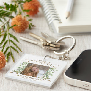 Moderne waterverf Eucalyptusblad Fotohouder Herd Sleutelhanger
