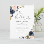 Moderne Waterverf Floral Navy Blush Wedding Kaart (Staand voorkant)
