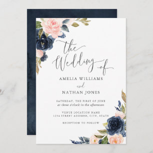 Moderne Waterverf Floral Navy Blush Wedding Kaart