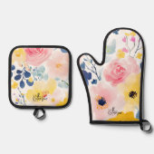 Moderne Waterverf Floral Pattern Ovenwant & Pannenlap Set (Voorkant)