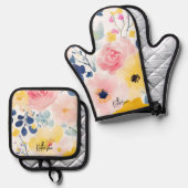 Moderne Waterverf Floral Pattern Ovenwant & Pannenlap Set (Voorkant / Achterkant)