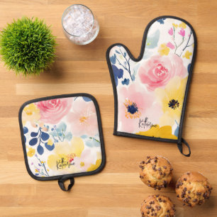 Moderne Waterverf Floral Pattern Ovenwant & Pannenlap Set