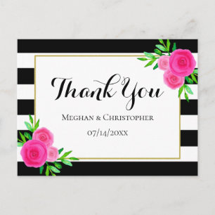 Moderne Waterverf Floral Stripes Bruiloft Dank u Briefkaart