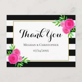 Moderne Waterverf Floral Stripes Bruiloft Dank u Briefkaart