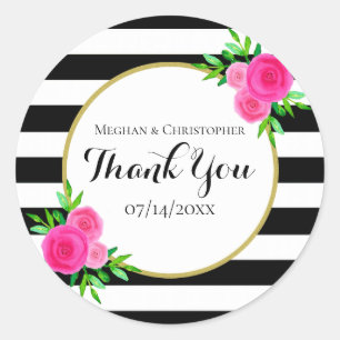 Moderne Waterverf Floral Stripes Bruiloft Dank u Ronde Sticker