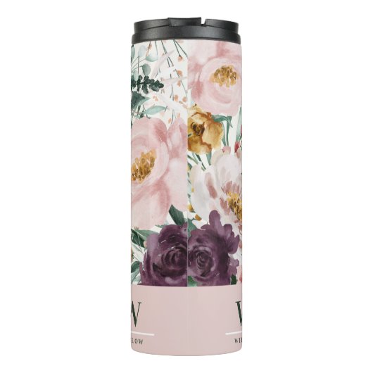 Moderne waterverf florale elegant monogram roze thermosbeker (Achterkant)
