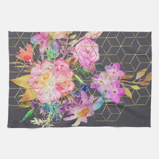 Moderne waterverf florale en gouden geometrische b theedoek (Horizontaal)