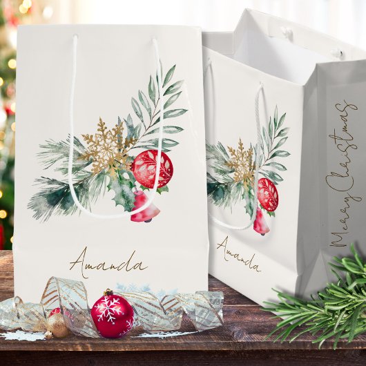 Moderne Waterverf gebladerte naam Merry Christmas  Medium Cadeauzakje