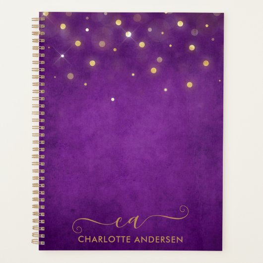 Moderne Waterverf Gold Bokeh Glitter Monogrammed Planner (Voorkant)
