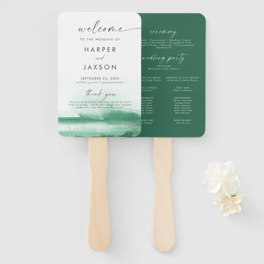 Moderne Waterverf | Green Wedding Programme Hand F Handwaaier (Voorkant en achterkant)