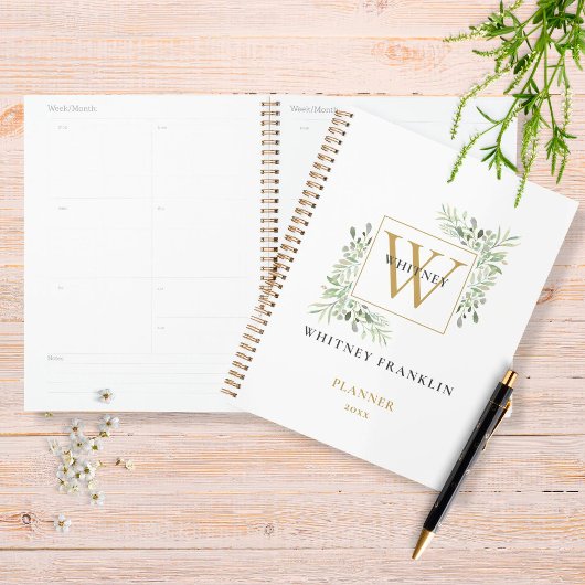 Moderne Waterverf Greenery Gold Monogram 2023 Planner