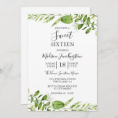 Moderne Waterverf Greenery Sweet 16 Uitnodiging (Voorkant / Achterkant)