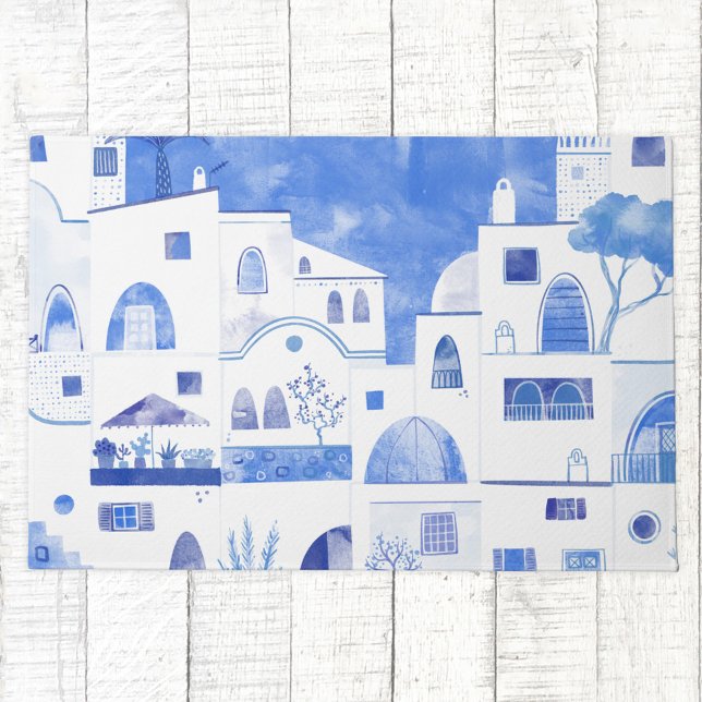 Moderne Waterverf - Grieks eiland Santorini Deurmat (Santorini Greece blue and white watercolor art doormat)