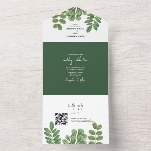 Moderne Waterverf groen smaragd groene bruiloft All In One Uitnodiging (Binnen)