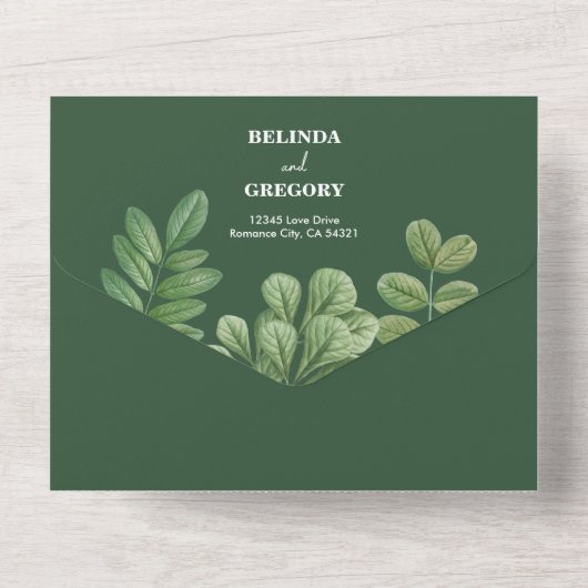 Moderne Waterverf groen smaragd groene bruiloft All In One Uitnodiging (Achterkant)