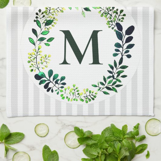 Moderne Waterverf Groen & Strepen | monogram Theedoek (Gevouwen)