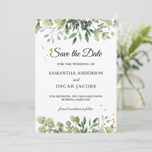 Moderne waterverf groene bladeren tak save the date (Staand voorkant)