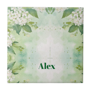 Moderne Waterverf Groene Bloemen & personaliseer Tegeltje