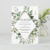 Moderne Waterverf Groene Kader & Gouden Stippen Save The Date (Staand voorkant)