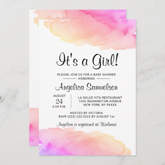 Moderne Waterverf, HET IS EEN MEISJE! Roze Baby sh Kaart (Voorkant / Achterkant)