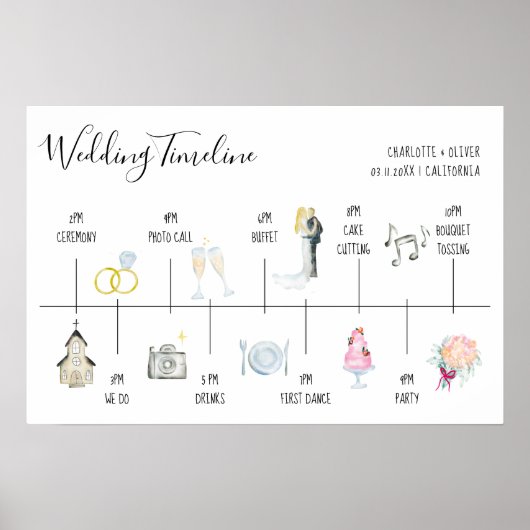 Moderne waterverf illustraties trouwtijdlijn poster (Voorkant)