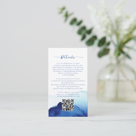Moderne Waterverf Indigo Blauw Bruiloftsdetail Informatiekaartje (Staand voorkant)