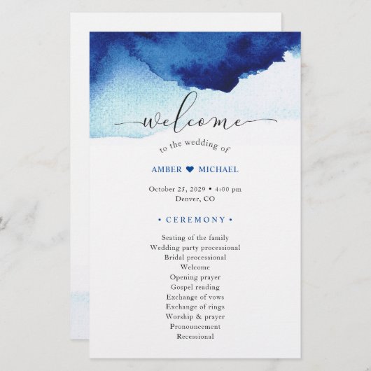 Moderne Waterverf Indigo Blue Wedding Programma (Voorkant / Achterkant)