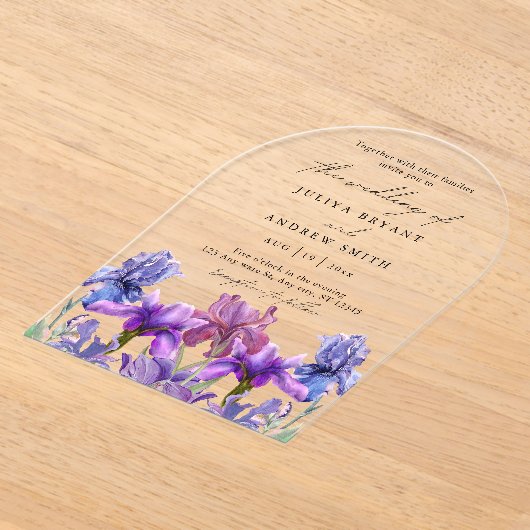 Moderne waterverf Iris bloemenscriptuur bruiloft Acryl Uitnodigingen (Laagn)