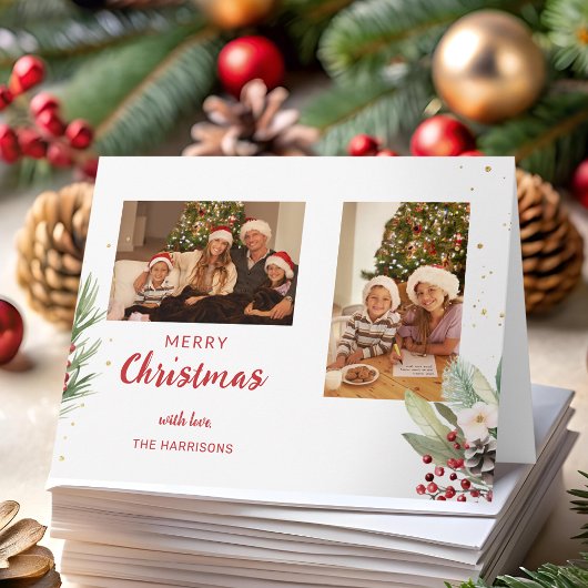 Moderne Waterverf Kerst Botanische Twee-Foto Kaart