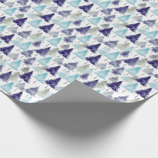 Moderne Waterverf kerstbomen met een blauw patroon Cadeaupapier (Hoek)