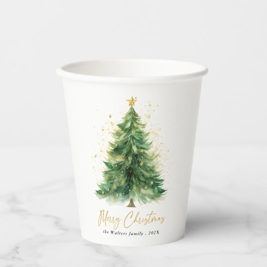 Moderne Waterverf kerstboom niet foto Papieren Bekers (Voorkant)