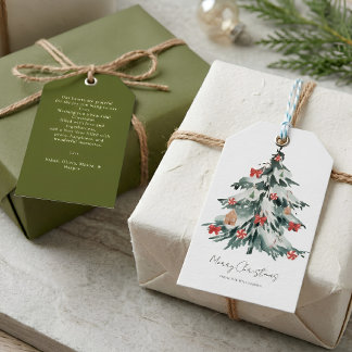 Moderne Waterverf Kerstboom Rode Strik Snoep Cadeaulabel