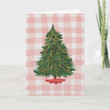 Moderne Waterverf Kerstboom Roze Gingham Kaart