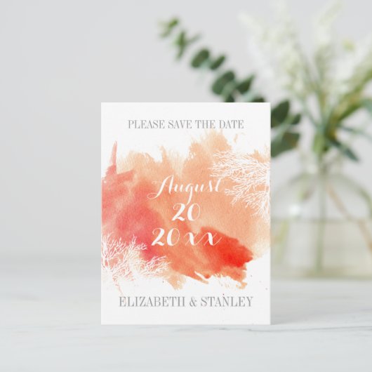 Moderne waterverf koraalrif bruiloft Bewaar datum Aankondigingskaart (Staand voorkant)