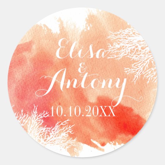Moderne waterverf koraalrif bruiloft Bewaar datum Ronde Sticker (Voorkant)