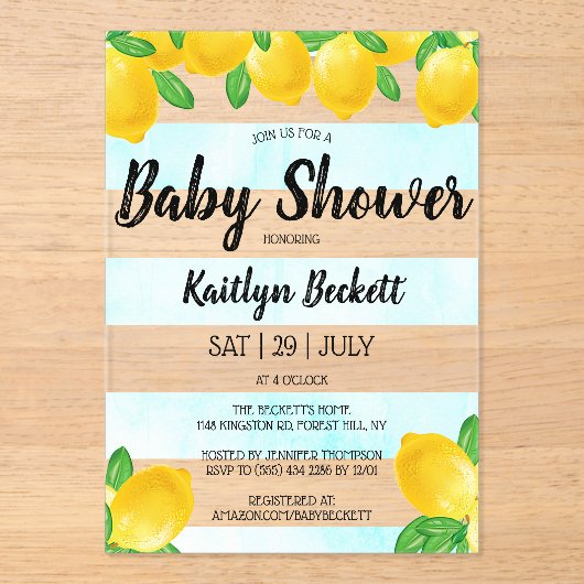 Moderne Waterverf Lemon Tree Baby shower Acryl Uitnodigingen (Voorkant)