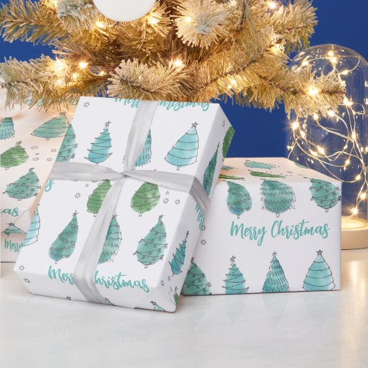 Moderne Waterverf Merry-kerstbomen Cadeaupapier (Feestdagen)