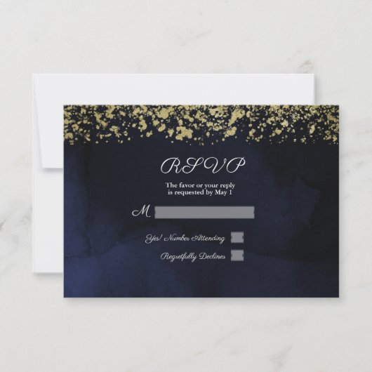 Moderne Waterverf Moody Navy Blue Gold Reply RSVP (Voorkant)