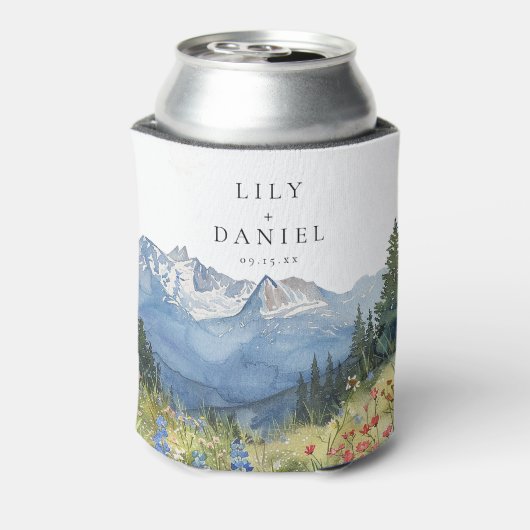Moderne Waterverf Mountain Wildflower bruiloft Blikjeskoeler (Blikje Achterkant)