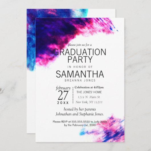 Moderne Waterverf mudges Graduation Party nodigt u Kaart (Voorkant / Achterkant)