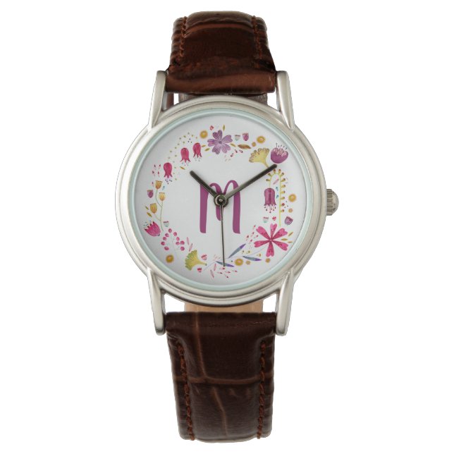 Moderne Waterverf najaar bloem monogram Horloge (Voorkant)