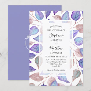 Moderne Waterverf Paarse Bladeren Foliage Bruiloft Kaart
