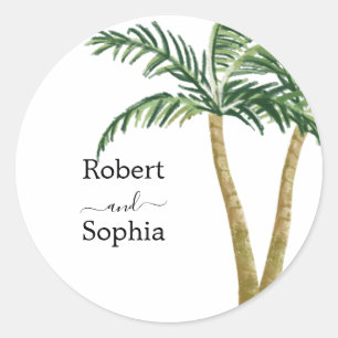 Moderne Waterverf Palmboom Trouwdag Ronde Sticker