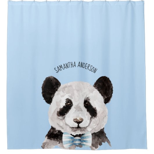 Moderne Waterverf Panda met naam en pastblauw Douchegordijn (Voorkant)