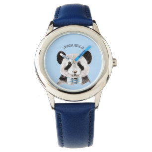 Moderne Waterverf Panda met naam en pastblauw Horloge