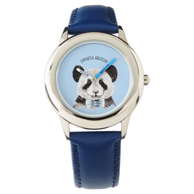 Moderne Waterverf Panda met naam en pastblauw Horloge (Voorkant)