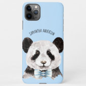 Moderne Waterverf Panda met naam en pastblauw iPhone Hoesje (Achterkant)