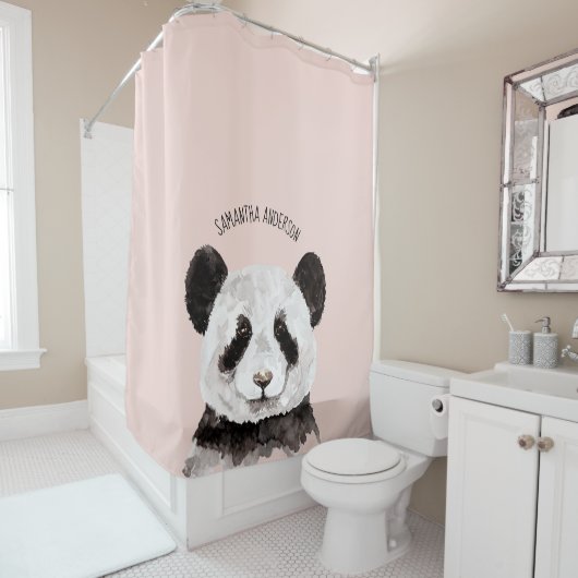 Moderne Waterverf Panda met naam en pastelroze Douchegordijn (In situ)
