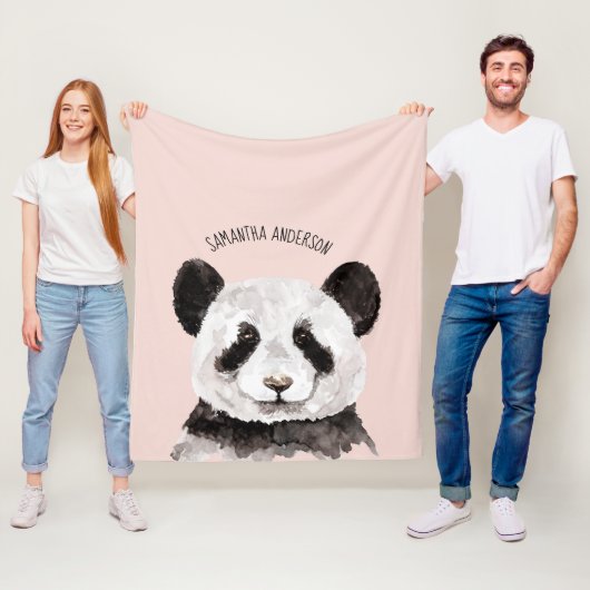 Moderne Waterverf Panda met naam en pastelroze Fleece Deken (In situ)